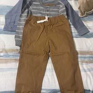 Casual Kids Two-Piece Set with Gray Striped Henley and Brown Pull-On Pants